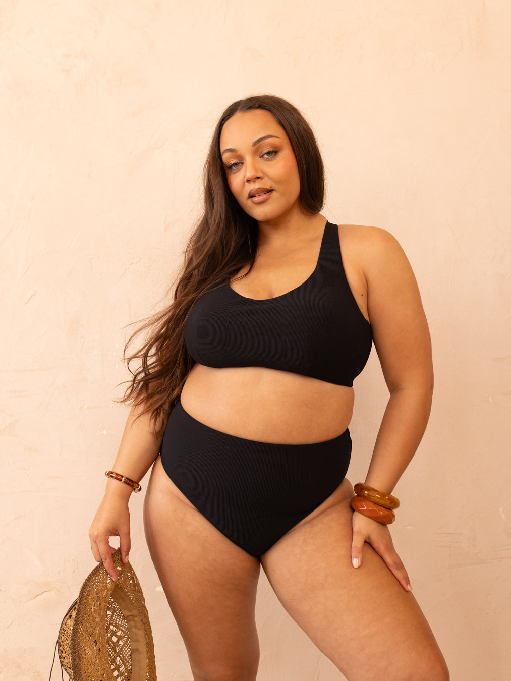 High Waisted Reversible Brief Bottom - Noir & Ice Blue Rib