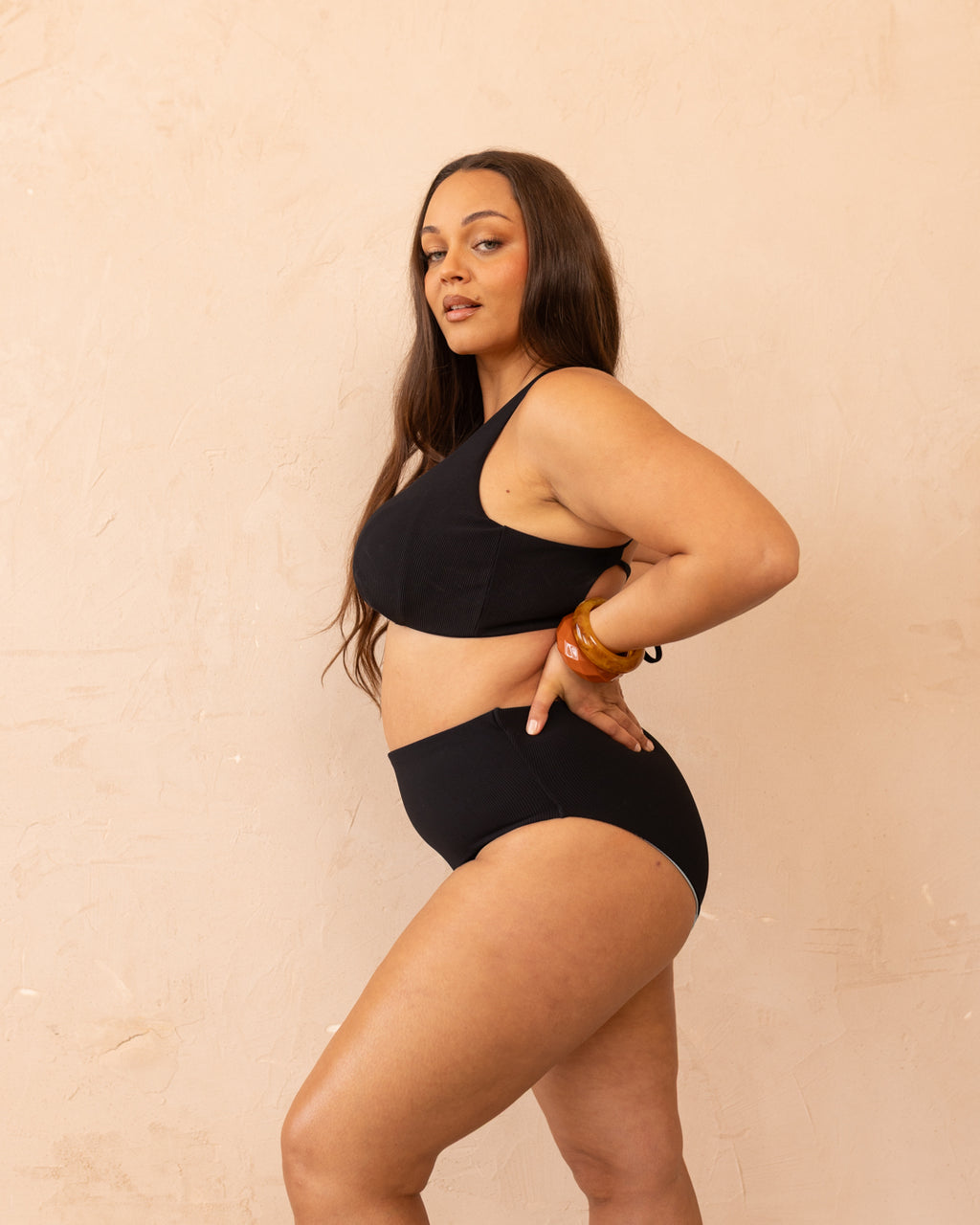 High Waisted Reversible Brief Bottom - Noir & Ice Blue Rib