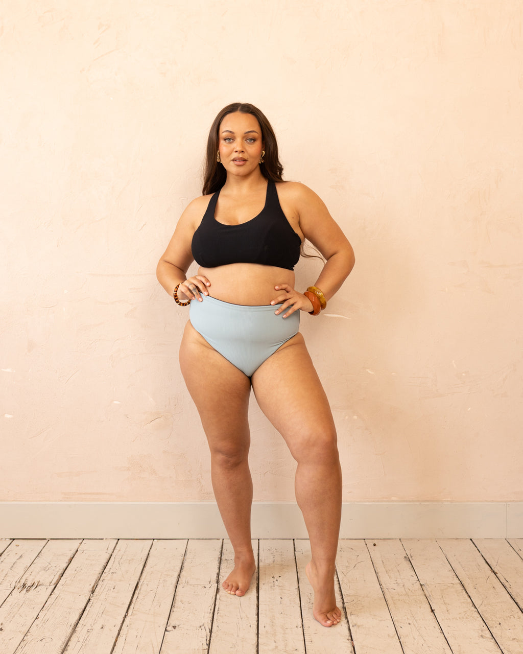 High Waisted Reversible Brief Bottom - Noir & Ice Blue Rib