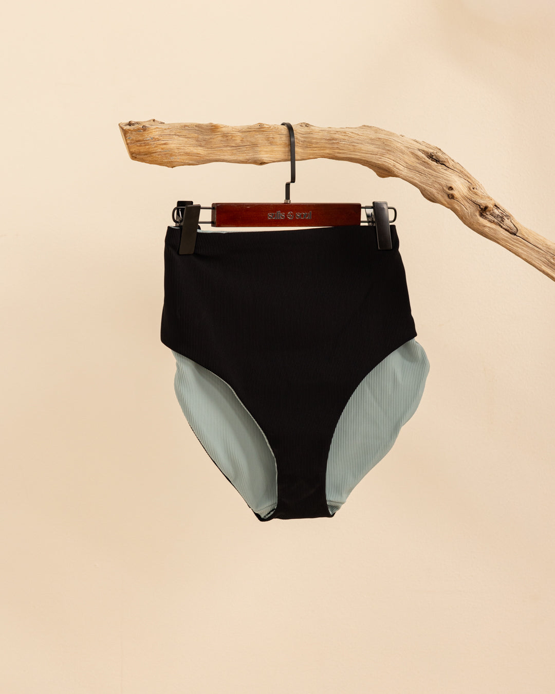High Waisted Reversible Brief Bottom - Noir & Ice Blue Rib